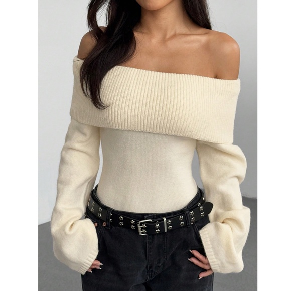 Cream Off The Shoulder Fold Over Sweater Pullover Knit Long Sleeve - Picture 2 of 13